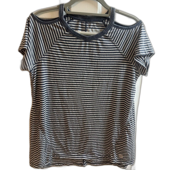 Tommy Hilfiger Sport Dark Gray and White Striped Cold Shoulder Tee - Picture 1 of 8